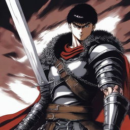 Create an image of Guts from Berserk, showcasing his iconic large sword and determined expression