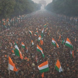 A lively scene of a Republic Day celebration, filled with colorful flags, parades, joyous crowds and patriotic decorations.