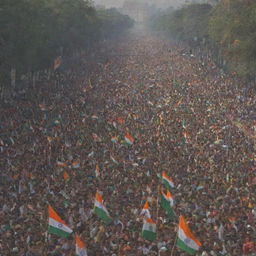 A lively scene of a Republic Day celebration, filled with colorful flags, parades, joyous crowds and patriotic decorations.