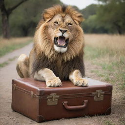 A humorously unexpected scene of a big, majestic lion, appearing to be comically stuck in an oversized, vintage briefcase.