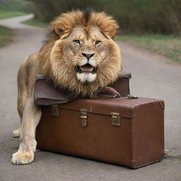 A humorously unexpected scene of a big, majestic lion, appearing to be comically stuck in an oversized, vintage briefcase.