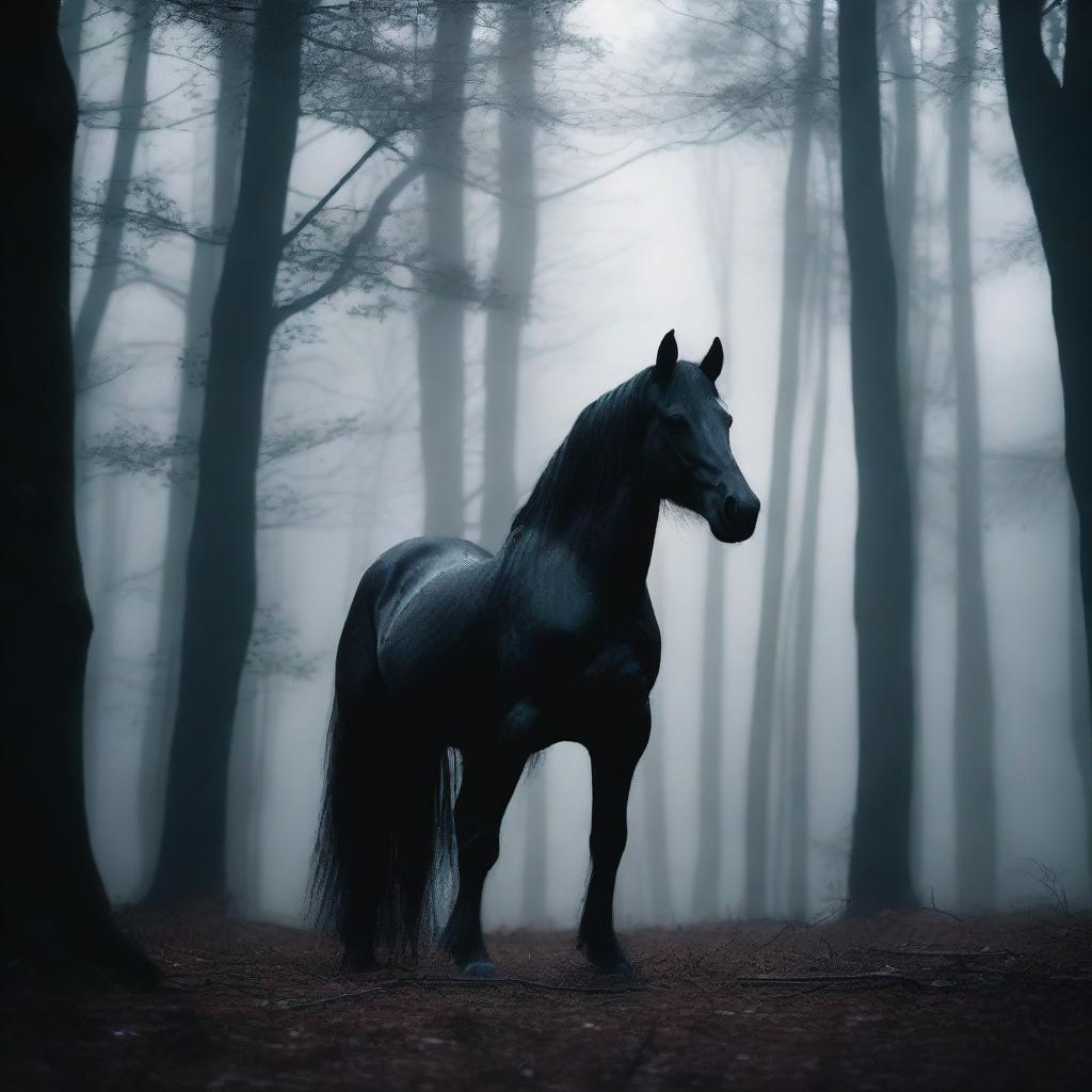 A large, eerie black ghostly horse standing in the middle of a dark, dense forest