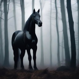 A large, eerie black ghostly horse standing in the middle of a dark, dense forest