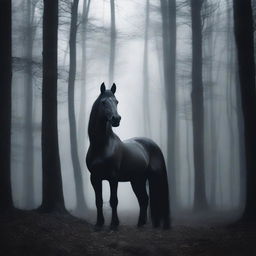 A large, eerie black ghostly horse standing in the middle of a dark, dense forest