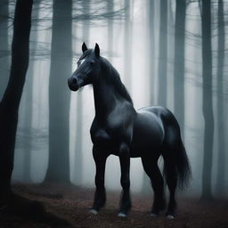 A large, eerie black ghostly horse standing in the middle of a dark, dense forest