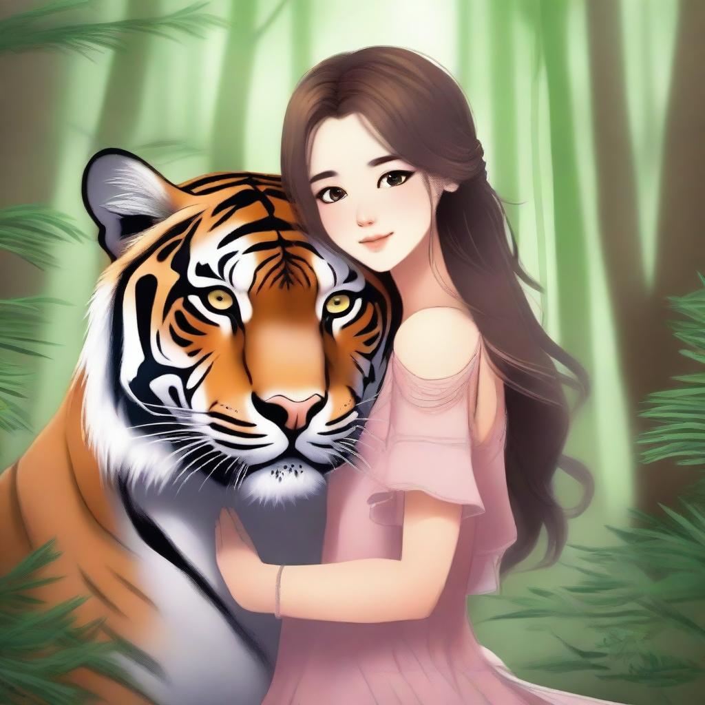 A beautiful girl hugging a majestic tiger in a serene forest setting