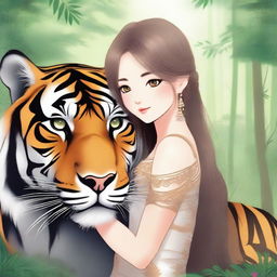 A beautiful girl hugging a majestic tiger in a serene forest setting