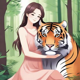 A beautiful girl hugging a majestic tiger in a serene forest setting