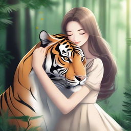 A beautiful girl hugging a majestic tiger in a serene forest setting