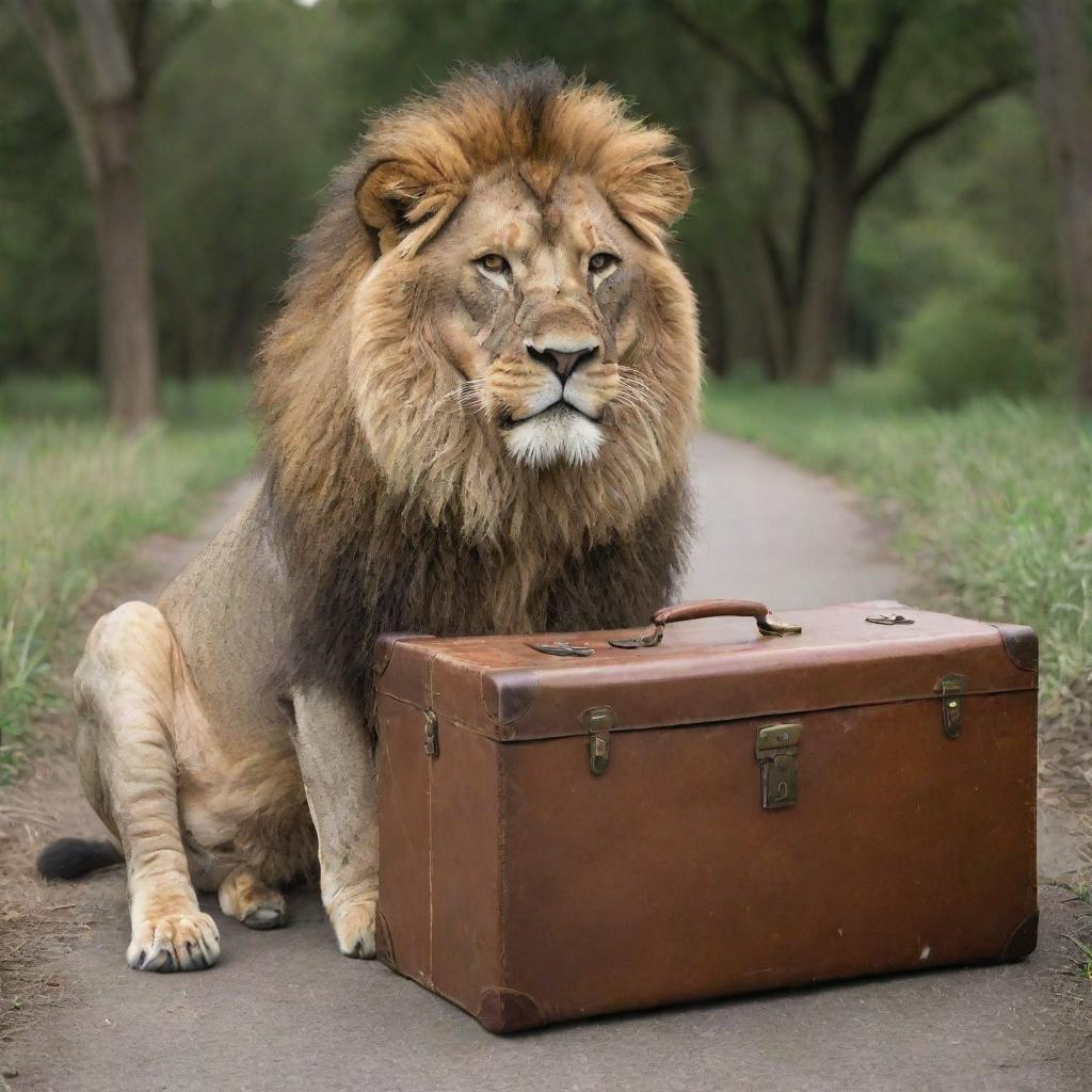 A humorously unexpected scene of a big, majestic lion, appearing to be comically stuck in an oversized, vintage briefcase.