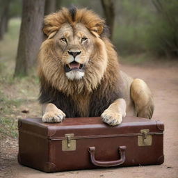 A humorously unexpected scene of a big, majestic lion, appearing to be comically stuck in an oversized, vintage briefcase.