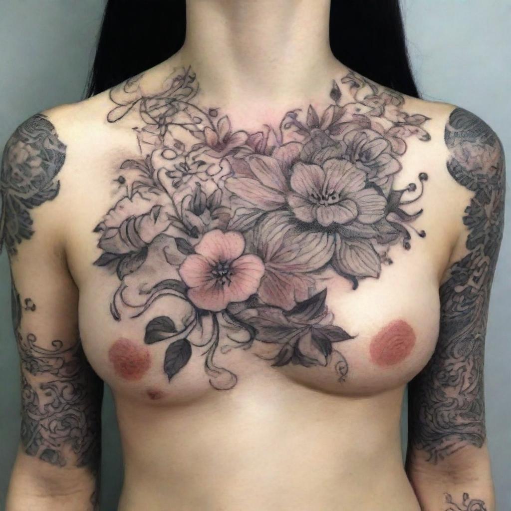 A detailed tattoo design featuring intricate floral patterns