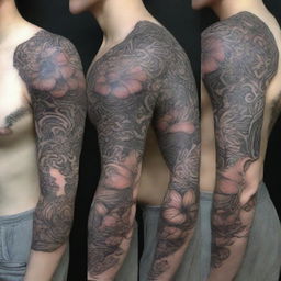 A detailed tattoo design featuring intricate floral patterns