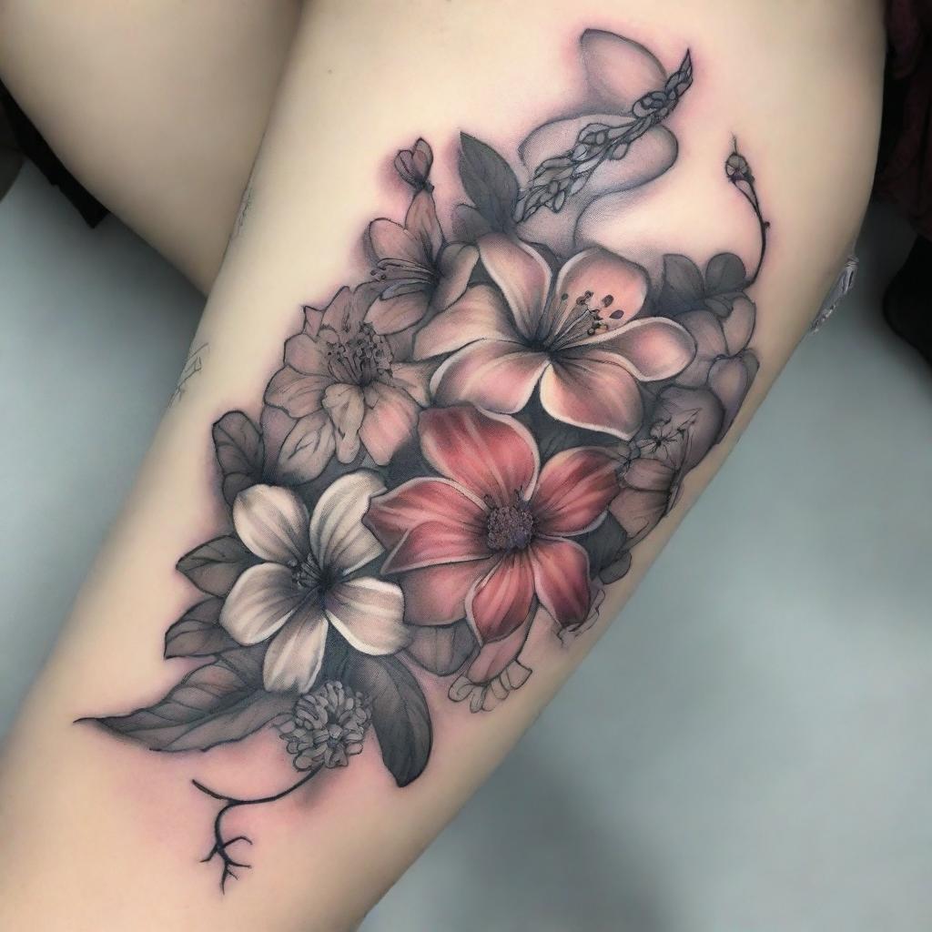 A beautiful floral tattoo design featuring a variety of flowers such as roses, lilies, and daisies