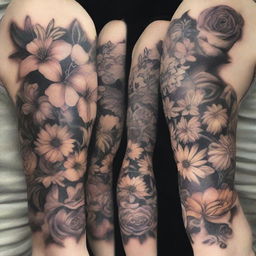 A beautiful floral tattoo design featuring a variety of flowers such as roses, lilies, and daisies