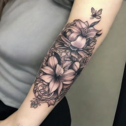 A beautiful floral tattoo design featuring a variety of flowers such as roses, lilies, and daisies