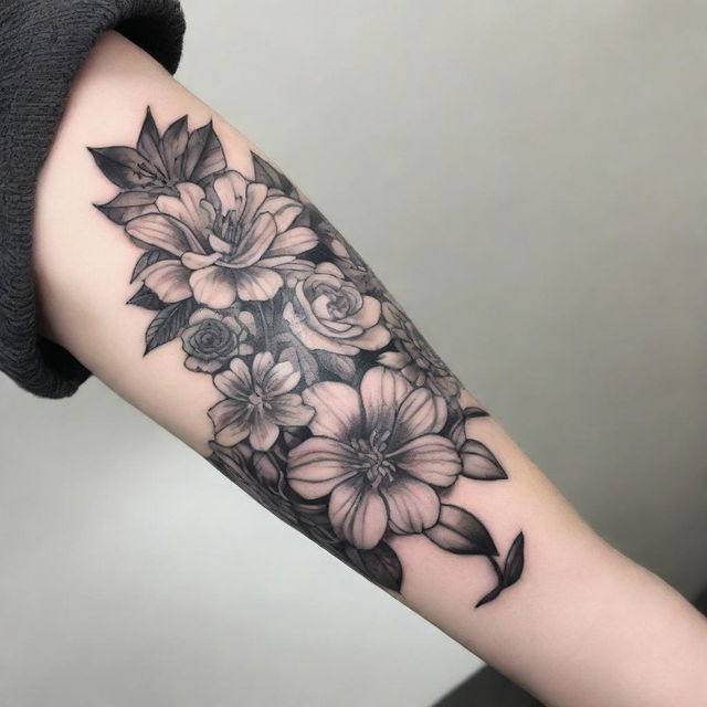 A beautiful floral tattoo design featuring a variety of flowers such as roses, lilies, and daisies