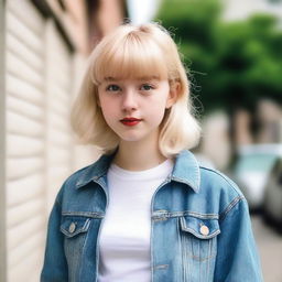 A young blond girl with bangs and short wavy hair, wearing a simple and nice outfit