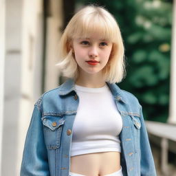 A young blond girl with bangs and short wavy hair, wearing a simple and nice outfit