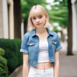 A young blond girl with bangs and short wavy hair, wearing a simple and nice outfit