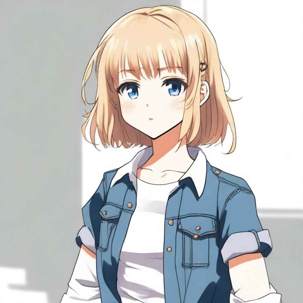 An anime-style young blond girl with bangs and short wavy hair, wearing a simple and nice outfit