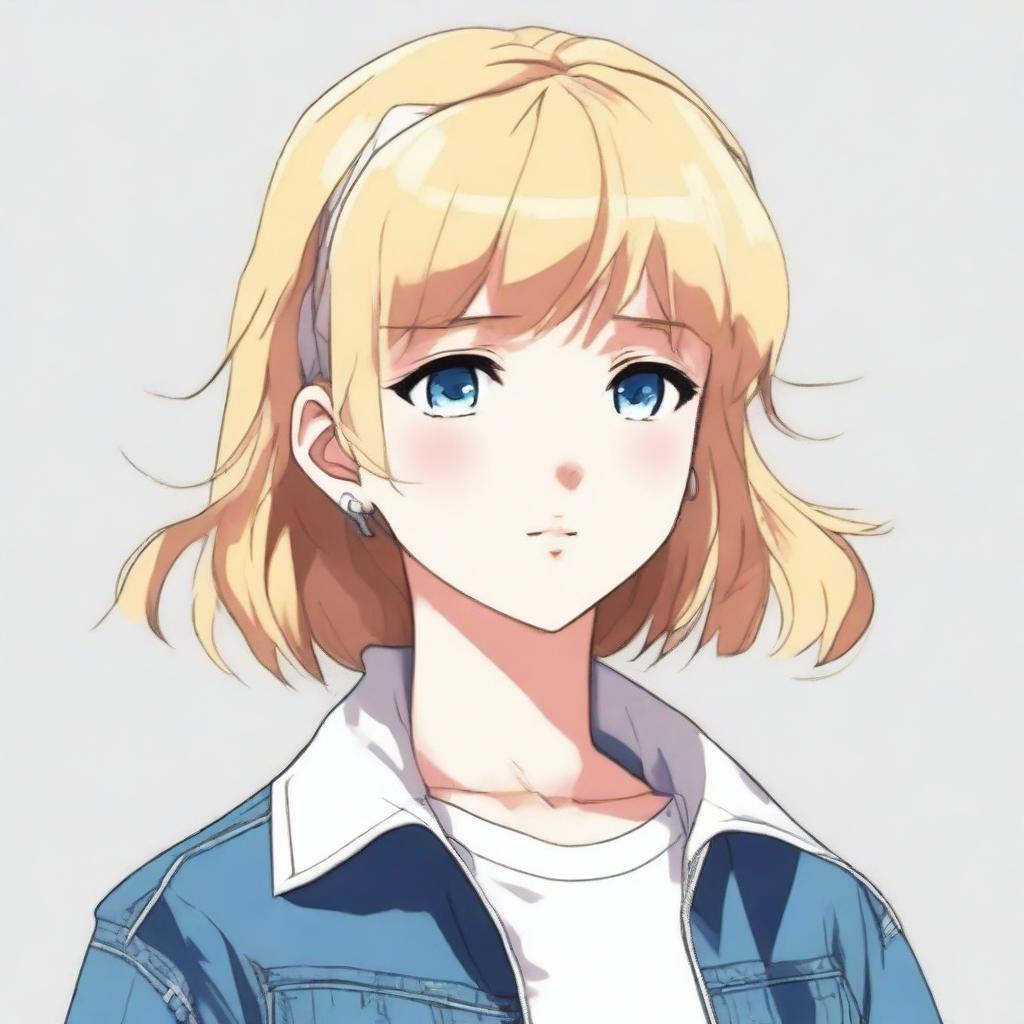 An anime-style young blond girl with bangs and short wavy hair, wearing a simple and nice outfit