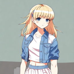 An anime-style young blond girl with bangs and short wavy hair, wearing a simple and nice outfit