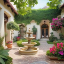 A beautifully designed garden courtyard of a villa, featuring lush greenery, colorful flowers, a small fountain, and cozy seating areas