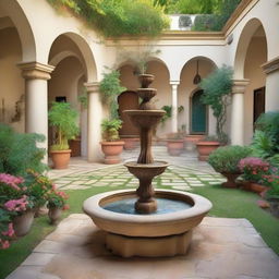 A beautifully designed garden courtyard of a villa, featuring lush greenery, colorful flowers, a small fountain, and cozy seating areas