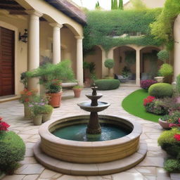 A beautifully designed garden courtyard of a villa, featuring lush greenery, colorful flowers, a small fountain, and cozy seating areas