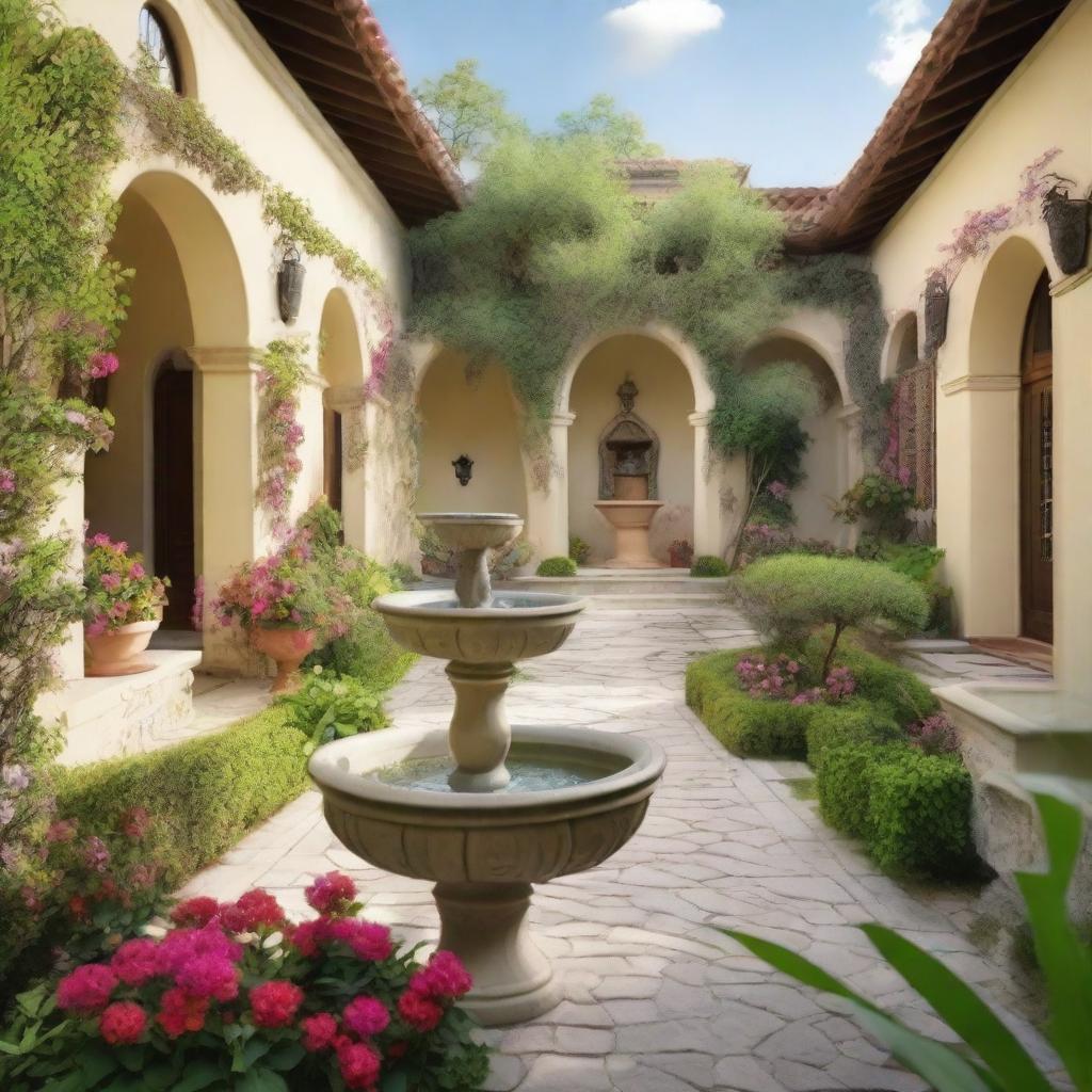 A beautifully designed garden courtyard of a villa, featuring lush greenery, colorful flowers, a small fountain, and cozy seating areas