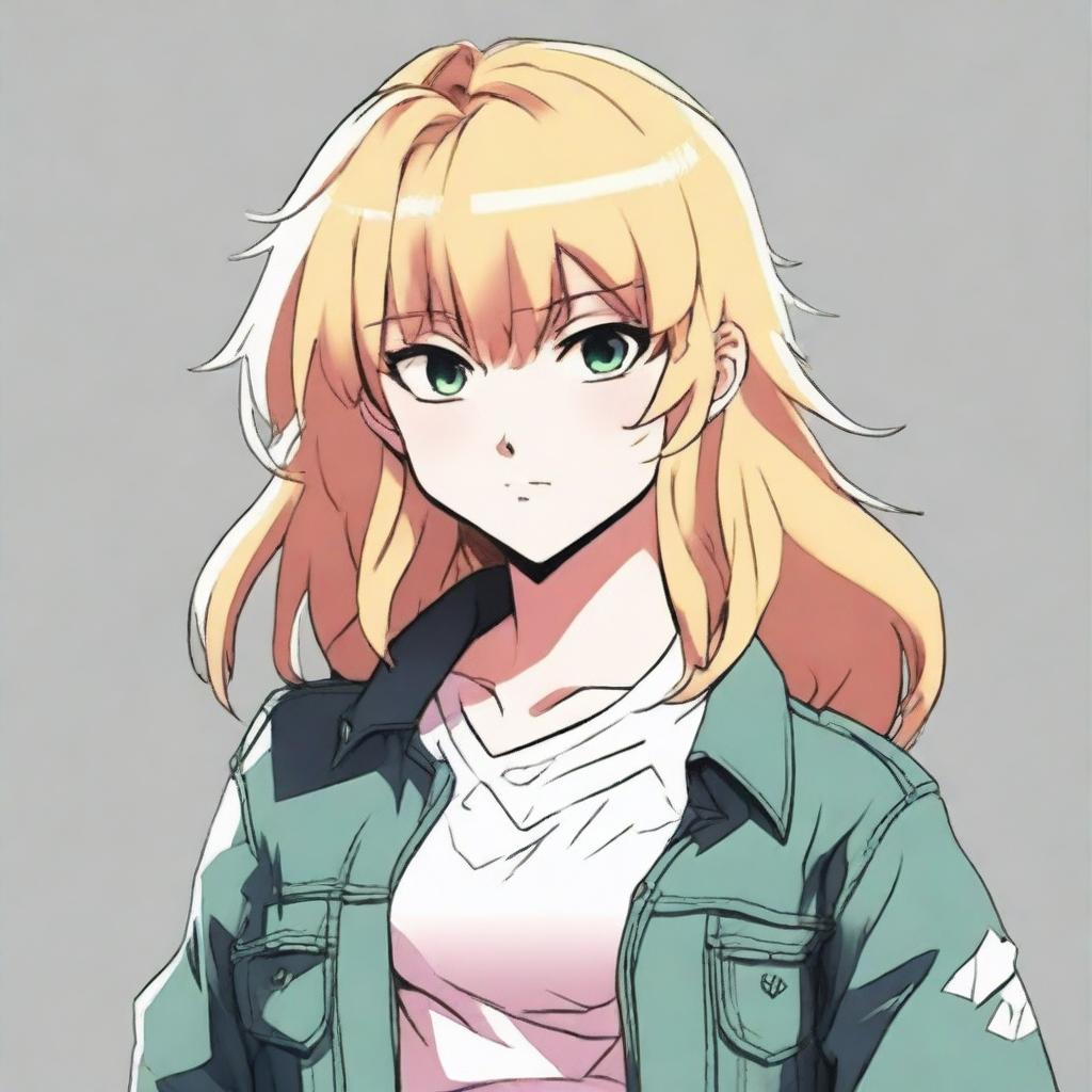 An anime-style young blond girl with bangs and short wavy hair, dressed in the style of Demon Slayer