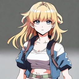 An anime-style young blond girl with bangs and short wavy hair, dressed in the style of Demon Slayer