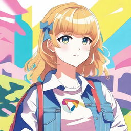 A colorful anime-style young blond girl with bangs and short wavy hair, wearing a simple and nice outfit