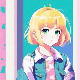 A colorful anime-style young blond girl with bangs and short wavy hair, wearing a simple and nice outfit