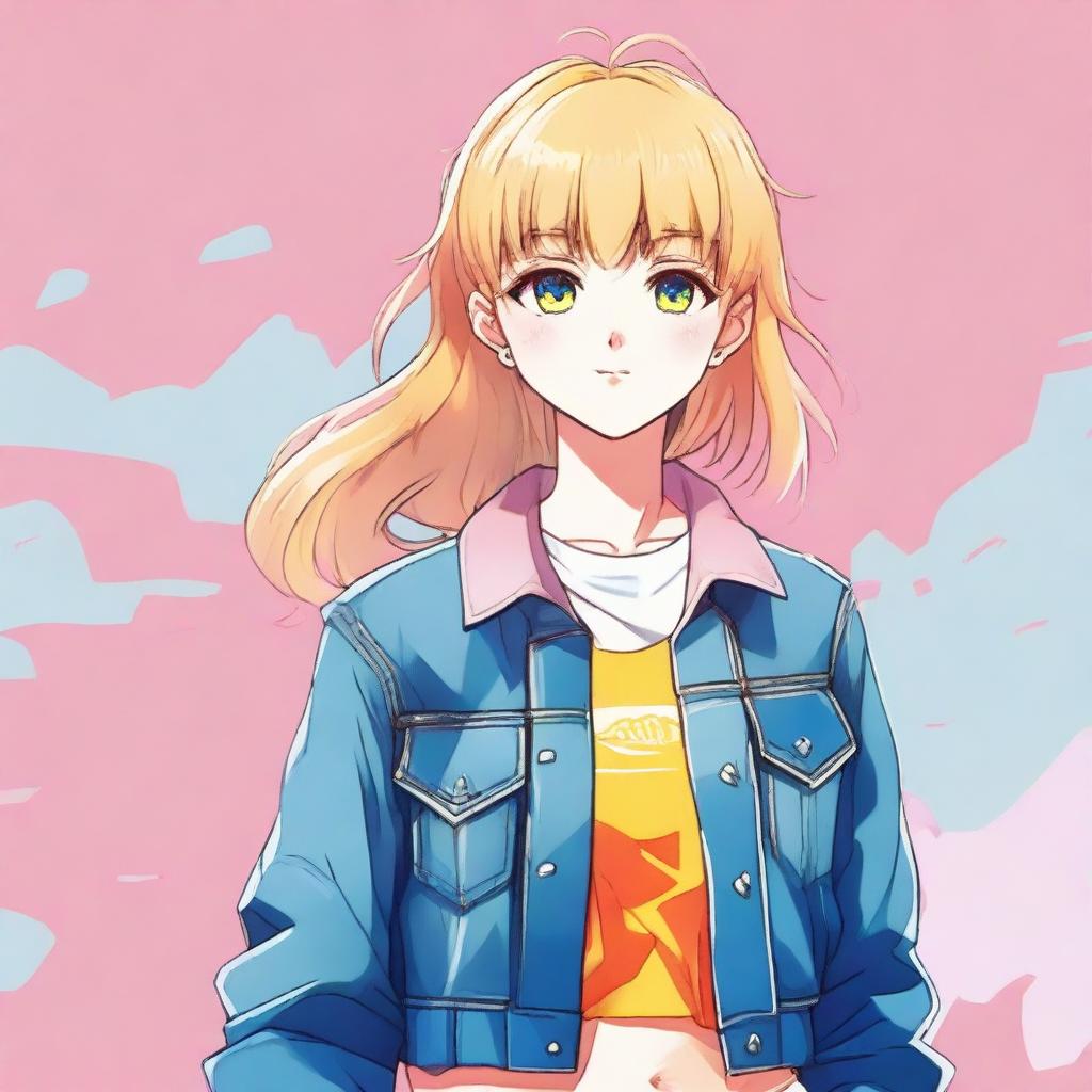 A colorful anime-style young blond girl with bangs and short wavy hair, wearing a simple and nice outfit