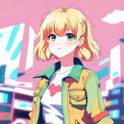 A colorful anime-style young blond girl with bangs and short wavy hair, wearing a simple and nice outfit