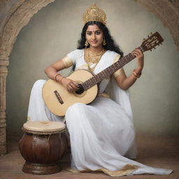 Goddess Saraswati, adorned in a pure white sari, gracefully seated on a traditional drum