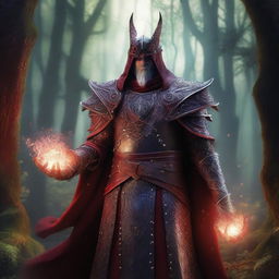 A powerful wizard with red skin, wearing draconid studded leather armor