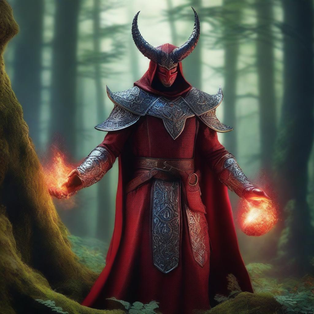 A powerful wizard with red skin, wearing draconid studded leather armor