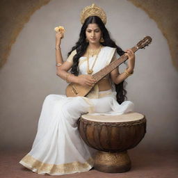 Goddess Saraswati, adorned in a pure white sari, gracefully seated on a traditional drum