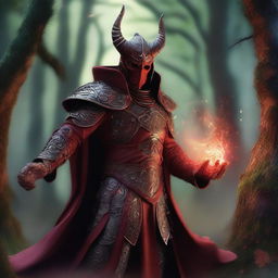 A powerful wizard with red skin, wearing draconid studded leather armor