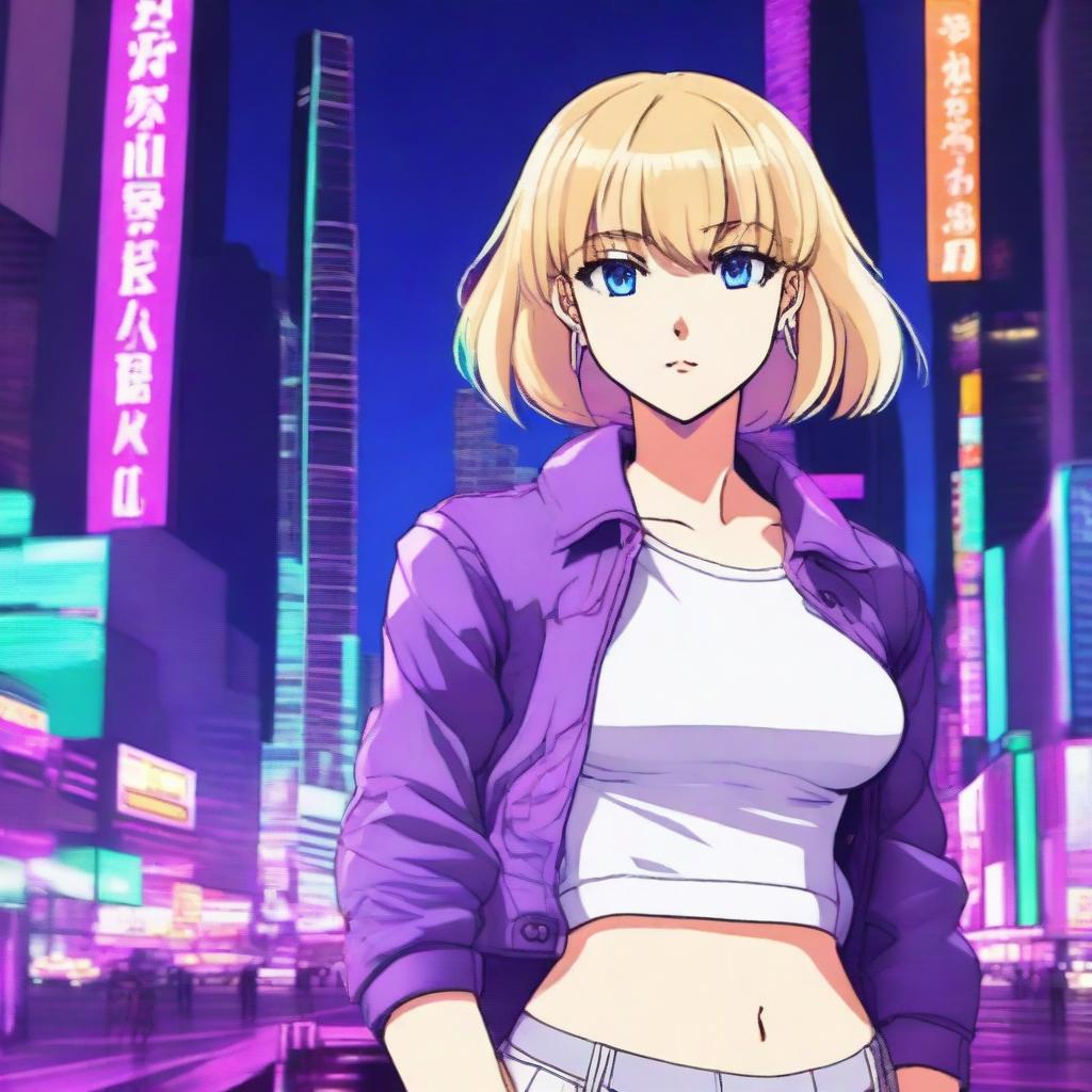 An anime-style young blond girl with bangs and short wavy hair, wearing a simple and nice outfit