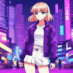 An anime-style young blond girl with bangs and short wavy hair, wearing a simple and nice outfit