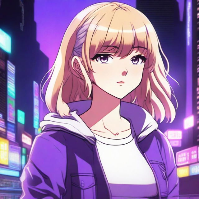 An anime-style young blond girl with bangs and short wavy hair, wearing a simple and nice outfit