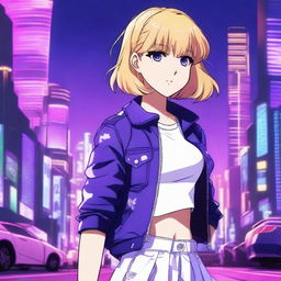 An anime-style young blond girl with bangs and short wavy hair, wearing a simple and nice outfit