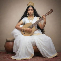 Goddess Saraswati, adorned in a pure white sari, gracefully seated on a traditional drum