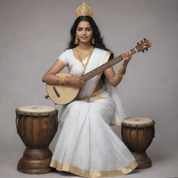 Goddess Saraswati, adorned in a pure white sari, gracefully seated on a traditional drum