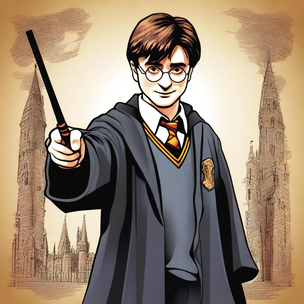 A detailed illustration of Harry Potter, the famous wizard from J