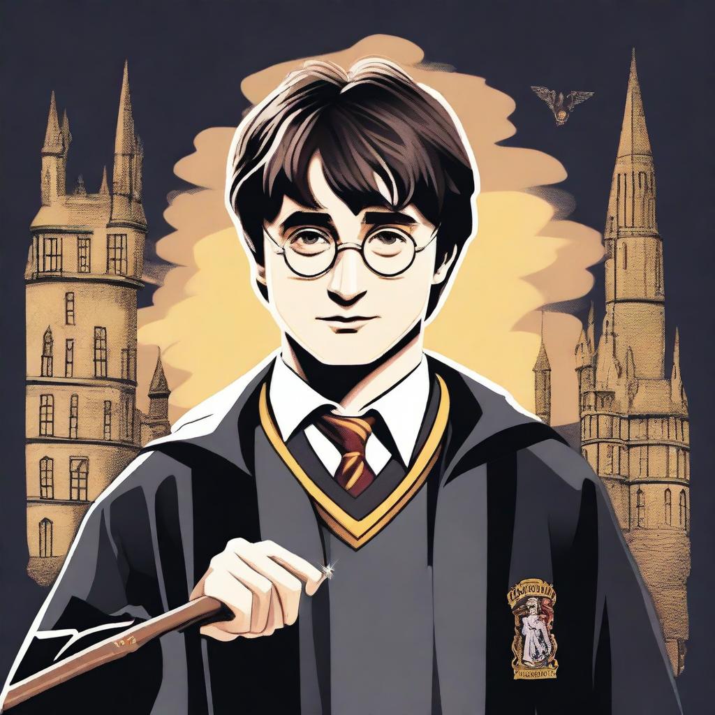 A detailed illustration of Harry Potter, the famous wizard from J